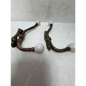 Vintage Brass Coat Towel Hook Set of 2 White Ceramic Finial Spiral With Screws